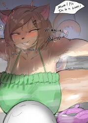 anthro armpit_hair big_breasts body_hair breasts brown_body brown_fur domestic_cat felid feline felis female fur hi_res huge_breasts in_heat kantan mammal solo speech_bubble tail tail_motion tailwag tentacle thick_thighs