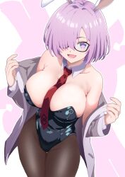 1girls animal_ears between_breasts black_leotard blue_leotard blush bow bowtie breasts brown_pantyhose bunny_ears bunnysuit cleavage covered_navel curio_(curiofinity) detached_collar fake_animal_ears fake_tail fate/grand_order fate_(series) female glasses hair_over_one_eye highleg highleg_leotard highres jacket large_breasts leotard light_purple_hair looking_at_viewer mash_kyrielight medium_hair necktie necktie_between_breasts open_clothes open_jacket pantyhose playboy_bunny purple_eyes rabbit_ears rabbit_tail smile solo strapless strapless_leotard tail tie tight_clothes traditional_bowtie wrist_cuffs