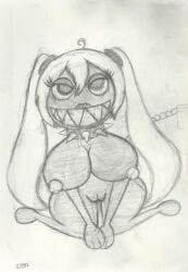 2022 anthro big_breasts bodily_fluids breasts chain_chomp chains collar dated female genitals hi_res kneeling leaf_tanuki_(artist) looking_at_viewer mario_(series) monochrome narrowed_eyes nintendo nipples pussy saliva saliva_string sharp_teeth solo solo_focus spiked_collar spikes teeth traditional_media_(artwork) vocaloid