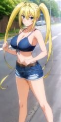 1girls ai_generated big_breasts bikini_top_only blonde_hair busty character_request cleavage denim denim_shorts female female_only hi_res large_breasts long_hair navel sekirei smile solo tsukiumi twintails voluptuous watermark