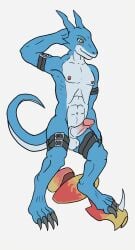 1boy animal_genitalia anthro balls bandai_namco belly belt blue_body blue_skin buckle digimon digimon_(species) digital_media_(artwork) erection flamedramon genitals hi_res humanoid_genitalia humanoid_penis male male_only nipples nude penis presenting sheath simple_background smile solo superagro white_belly