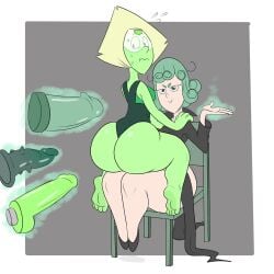 2girls ass big_ass big_butt black_dress cartoon_network crossover dildo feet female floating_object floating_objects gem_(species) green_skin large_ass leotard multiple_girls nervous one-punch_man peridot_(steven_universe) sit sitting sitting_on_lap steven_universe sweat sweatdrop sweating tatsumaki thick_thighs thong_leotard wappah