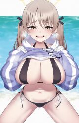 1girls big_breasts bikini blue_archive breasts busty curvaceous curvy curvy_body curvy_female curvy_figure female female_only glasses glasses_removed huge_breasts large_breasts light-skinned_female light_skin mku moe_(blue_archive) rabbit_squad_(blue_archive) round_glasses solo srt_special_academy_student sweater_lift twintails voluptuous