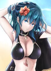 1girls adjusting_hair alternate_costume armpits bangs bare_midriff beach bikini black_bikini black_swimsuit blue_eyes breasts byleth_(fire_emblem) byleth_(fire_emblem)_(female) byleth_(summer)_(fire_emblem)_(female) cape cleavage day female female_only fire_emblem fire_emblem:_three_houses fire_emblem_heroes flower hair_between_eyes hair_flower hibiscus knife large_breasts looking_at_viewer medium_hair midriff nenemu0 nintendo ocean official_alternate_costume outdoors red_flower sand sideboob smile solo swimsuit teal_hair water weapon wet