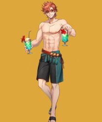 1boy abs alternate_costume bare_legs codename_(user_mkxe3283) codename_edit drink edit fire_emblem fire_emblem:_three_houses fire_emblem_heroes glass glasses grin legs looking_at_viewer male male_only muscular muscular_male nintendo nude_filter official_alternate_costume orange_hair smile solo sunglasses swimming_trunks swimsuit sylvain_jose_gautier sylvain_jose_gautier_(summer) yellow_background yellow_eyes