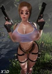 1girls 3d 3d_(artwork) areolae ass backpack belt big_breasts boots breasts brown-tinted_eyewear brown_eyes brown_hair clothing crop_top dark_areola dark_nipples desert_eagle dual_wielding female female_focus female_only glasses hips holding_weapon huge_breasts lara_croft lara_croft_(l.a.u.) large_areolae large_ass large_breasts long_hair looking_at_viewer looking_over_eyewear looking_over_glasses looking_over_sunglasses midriff navel nipples outdoors outside pinup pinup_pose pistol ponytail see-through see-through_clothing short_shorts shorts solo sunglasses sweat sweatdrop tank_top thick_thighs thigh_holster thighs tinted_eyewear tomb_raider tomb_raider_(l.a.u.) tummy wide_hips x3d