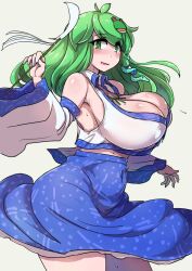 1girls cleavage enajii from_side huge_breasts looking_at_viewer sanae_kochiya solo thick_thighs touhou