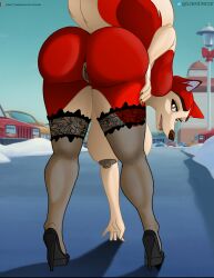 anthro ass balto_(film) bent_over big_breasts big_butt black_clothing black_high_heels black_legwear black_stockings breasts building canid canine canis christmas clothing digital_media_(artwork) domestic_dog el-loko female footwear fur genitals hi_res high_heels holidays huge_butt husky jenna_(balto) legwear looking_back mammal mostly_nude nipples nordic_sled_dog open_mouth parking_lot pussy raised_tail rear_view red_body red_fur shopping_mall solo spitz stockings street_lamp tail teeth text thick_thighs thigh_highs universal_studios url vehicle winter