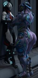 1boy 1girls 3d 3d_(artwork) ass female hildryn_(warframe) large_ass larger_female muscular_female nezha_(warframe) size_difference straight thick_thighs thighs vindicate warframe