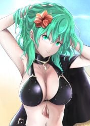 1girls adjusting_hair alternate_costume armpits bangs bare_midriff beach bikini black_bikini black_swimsuit breasts byleth_(fire_emblem) byleth_(fire_emblem)_(female) byleth_(summer)_(fire_emblem)_(female) cape cleavage day female female_only fire_emblem fire_emblem:_three_houses fire_emblem_heroes flower green_eyes green_hair hair_between_eyes hair_flower hibiscus knife large_breasts looking_at_viewer medium_hair midriff nenemu0 nintendo ocean official_alternate_costume outdoors red_flower sand sideboob smile solo swimsuit water weapon wet