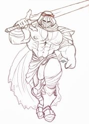 1boy abs alexcherubic armor big_penis genitals hood knight male male_only muscle muscles muscular muscular_male navel nipples original pecs penis sketch sword warrior