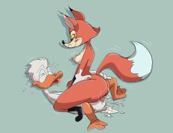 anatid anseriform anthro ass avian bird blue_background bodily_fluids butt_grab canid canine cowgirl_position crossover cum cum_inside disney duck ducktales duo female fenton_crackshell fox from_front_position genital_fluids hand_on_butt hi_res jodero june_way male male/female mammal mysterious_woman_(unicorn:_warriors_eternal) on_bottom on_top orgasm sex simple_background the_fox_woman_(unicorn_warriors_eternal) unicorn:_warriors_eternal