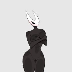 1girls black_body bottomless covering_breasts embarassed grey_background hollow_knight hornet_(hollow_knight) proportionate pussy thick_thighs viperzcorner