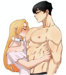 1boy 1girls black_hair blonde_female couple_love male_nipple_stimulation pectoral_bulge pectorals taller_male woman_sucking_breast yonnek