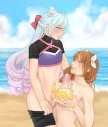 1boy 1girls :p after_paizuri alternate_costume arm_around_shoulders armpits bangs bare_midriff bare_shoulders beach bikini blue_eyes blue_hair blush braid breasts censored clenched_teeth collarbone cum cum_on_breasts cum_on_face cum_on_tongue day facial female femboy femboy_on_female fire_emblem fire_emblem_engage goldmary_(fire_emblem) hair_between_eyes hair_bow hair_over_shoulder large_breasts long_hair looking_at_another looking_down looking_up male medium_hair midriff multicolored_hair nintendo ocean outdoors paizuri penis purple_bikini purple_swimsuit quan_ming rosado_(fire_emblem) sand shorts shoulders side_ponytail smile swimsuit tongue tongue_out very_long_hair water yellow_bikini yellow_eyes yellow_swimsuit