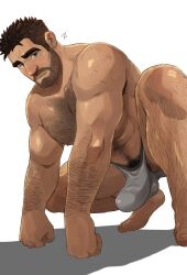 1boy 2023 abs balls bara beard biceps big_bulge blush bulge erection_under_clothes facial_hair gay hairy hairy_arms hairy_chest hi_res highres huge_bulge jojiart looking_at_viewer male male_focus male_only male_pubic_hair muscles muscular muscular_arms muscular_legs muscular_male muscular_thighs nipples original_character penis solo solo_male spread_legs squatting