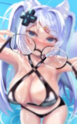 1girls alternate_version_available armpits arms_up bending_forward bikini black_bikini blue_eyes blurred_character blurry blush blush blush_lines blushing_at_viewer collarbone eyebrows_visible_through_hair eyelashes female female_only fox_ears fox_girl glasses glasses_removed hair_ornament hairclip head_tilt in_pool long_hair looking_at_viewer meridian_project mizuki_(vtuber) pool reflective_body sweat sweaty_body sweaty_breasts tongue tongue_out twintails virtual_youtuber water white_hair