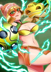 1girls arms_(game) battle_pose blonde_hair bob_cut bra breasts cleavage clothed female female_focus female_only hat leg_up licking_lips looking_at_viewer min_min_(arms) nintendo osusowake pose posing short_hair skirt solo solo_female solo_focus thick_thighs thighs tongue tongue_out weapon