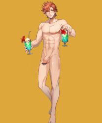 1boy abs bare_legs censored circumcised codename_(user_mkxe3283) codename_edit completely_nude drink edit fire_emblem fire_emblem:_three_houses fire_emblem_heroes glass legs looking_at_viewer male male_only muscular muscular_male nintendo nude nude_filter nude_male orange_hair penis smile solo sylvain_jose_gautier sylvain_jose_gautier_(summer) yellow_background yellow_eyes