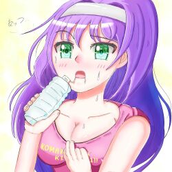 1girls bottle breasts cleavage drinking female female_only fire_emblem fire_emblem:_path_of_radiance fire_emblem:_radiant_dawn green_eyes japanese_text long_hair medium_breasts mia_(fire_emblem) nintendo open_mouth purple_hair shirt solo text water youya