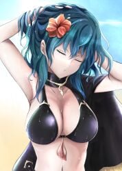 1girls adjusting_hair alternate_costume armpits bangs bare_midriff beach bikini black_bikini black_swimsuit breasts byleth_(fire_emblem) byleth_(fire_emblem)_(female) byleth_(summer)_(fire_emblem)_(female) cape cleavage closed_eyes day female female_only fire_emblem fire_emblem:_three_houses fire_emblem_heroes flower hair_between_eyes hair_flower hibiscus knife large_breasts medium_hair midriff nenemu0 nintendo ocean official_alternate_costume open_mouth outdoors red_flower sand sideboob smile smug solo swimsuit teal_hair water weapon wet