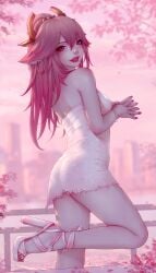 1girls animal_ears bare_shoulders blurry_background breasts city dress earrings eyeshadow female female_only fox_ears genshin_impact hair_between_eyes high_heels highres jewelry kitsune long_hair looking_at_viewer makeup medium_breasts nail_polish outdoors pink_hair purple_eyes soranamae strapless_dress white_dress yae_miko