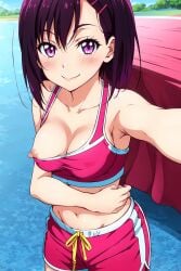 1girls ai_generated armpits blush breasts erect_nipples female gym_uniform hi_res human looking_at_viewer medium_breasts midriff mikazuki_shizuka nipples one_breast_out purple_eyes purple_hair short_hair shorts smile solo sports_bra sportswear zom_100_zombie_ni_naru_made_ni_shitai_100_no_koto