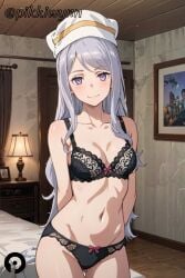 ai_generated airmid_teasanare arms_behind_back bangs bed bedroom black_bra black_panties blush bow bow_panties bra breasts cleavage closed_mouth collarbone cowboy_shot dungeon_ni_deai_wo_motomeru_no_wa_machigatteiru_darou_ka female grey_hair hat indoors lamp long_hair looking_at_viewer medium_breasts navel panties pikkiwynn purple_eyes smile solo underwear underwear_only