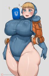 1girls apex_legends ass ass_expansion belly_button big_ass big_breasts blue_gloves blush blush_lines bobtheneet breast_expansion breasts_bigger_than_head cameltoe elijahzx eyebrows_visible_through_hair growth lichtenberg_figure nipples nipples_visible_through_clothing scar simple_background thick thick_ass thick_legs thick_thighs tight_clothes tight_clothing tights turtleneck wattson_(apex_legends) yellow_hair