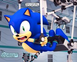 anthro balls barefoot blue_body bound erection eulipotyphlan feet genitals gopher_(artist) green_eyes hands_behind_back hedgehog hi_res high_tech lifted male mammal nude open_mouth penis penis_milking_machine sega solo sonic_(series) sonic_the_hedgehog sonic_the_hedgehog_(series) speech_bubble talking_to_another tan_body tickling_machine two-tone_body