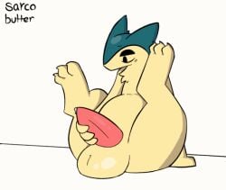 animal_genitalia animated anthro balls blush blush_lines bodily_fluids breath cum ejaculation generation_2_pokemon genital_fluids genitals male male_only masturbation nintendo panting paws penis pokemon pokemon_(species) sarcobutter solo toe_curl typhlosion