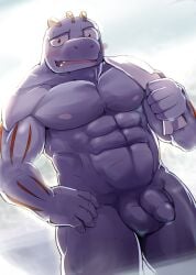 abs anthro balls bara barazoku bath bathhouse biceps blush casual_nudity deltoids flaccid foreskin generation_1_pokemon genitals grey_body hand_on_hip hi_res humanoid_genitalia humanoid_hands humanoid_penis looking_at_viewer machoke male male_only manly muscular muscular_anthro muscular_male navel nintendo nipples nude open_mouth orangetaming pecs penis pokemon pokemon_(species) red_eyes simple_background social_nudity solo steam towel