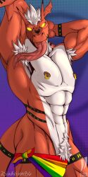 1boy abs anthro armpit_fetish armpit_hair armpit_lick armpit_play bandai_namco bandana body_hair digimon digimon_(species) glowing glowing_eyes growlmon hi_res iudicium86 kerchief licking long_tongue male male_only muscular nipple_piercing nipples piercing pubes rainbow raised_arms solo tongue tongue_out