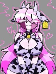 :3 bell_collar big_breasts big_butt blank_eyes collar collar_bell cow_bikini cow_ears cow_girl cow_horns cow_pattern cow_print_bikini cow_print_lingerie ear_tag friday_night_funkin grey_background hands_together heart long_gloves long_hair pink_hair
senjounogomii sarvente_(dokki.doodlez) sarvente_(friday_night_funkin) senjounogomii_(artist) white_eyes wide_hips