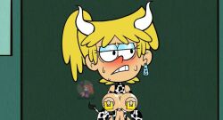 accurate_art_style big_breasts bull_horns cow_girl cow_tail edit edited_screencap female female_only horns light-skinned_female light_eyebrows lori_loud nipple_piercing nipples pierced_ears pierced_nipples rubber solo the_loud_house xsherlock420_(artist)