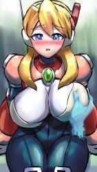 1girls 2021 alia android blonde_hair blush bodysuit breast_grab breasts dgrp disembodied_hand looking_at_viewer mega_man mega_man_x robot robot_girl thick_thighs