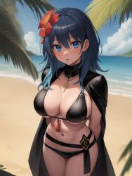 ai_generated alternate_costume bikini black_bikini black_swimsuit blue_eyes blue_hair breasts byleth_(fire_emblem) byleth_(fire_emblem)_(female) byleth_(summer)_(fire_emblem)_(female) female female_only fire_emblem fire_emblem:_three_houses fire_emblem_heroes mokuto_hot_spring nai_diffusion nintendo official_alternate_costume solo stable_diffusion swimsuit