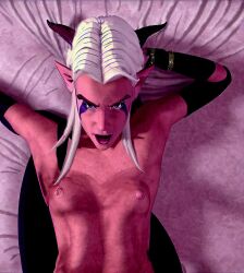 1girls 3d ai_generated breasts female female_only horns moonshadow_elf on_back on_bed open_mouth rayla_(the_dragon_prince) scorpianpp solo solo_female stable_diffusion the_dragon_prince