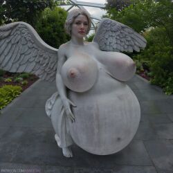 ai_generated angel big_ass blonde_hair disproportional huge_belly huge_breasts mature_female milf nipples petrification pregnant short_hair statue stone