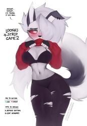 amadeen blouse blouse_lift ears_down gray_body gray_hair grey_skin helluva_boss loona_(helluva_boss) red_clothes red_eyes ripped_pants strip_game talking_to_viewer white_body white_hair white_skin wolf_ears wolf_girl wolf_tail