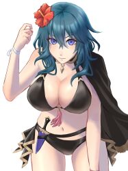 0701mono alternate_costume belt bikini black_belt black_bikini black_cape black_swimsuit blue_eyes blue_hair breasts byleth_(female)_(fire_emblem) byleth_(fire_emblem) byleth_(fire_emblem)_(female) byleth_(summer)_(fire_emblem)_(female) cape commentary_request cowboy_shot dagger female female female_only fire_emblem fire_emblem:_three_houses fire_emblem_heroes flower hair_between_eyes hair_flower hair_ornament hand_up hibiscus highres knife large_breasts long_hair looking_at_viewer navel nintendo official_alternate_costume red_flower simple_background single_bare_shoulder solo standing stomach swimsuit thighs weapon white_background