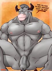 anthro balls biceps bigshadowdragon bovid bovine casual_nudity cattle disney european_mythology flaccid foreskin fur gargoyles genitals greek_mythology grey_body grey_fur hi_res horn humanoid_genitalia humanoid_hands humanoid_penis looking_at_viewer male male_only mammal manly minotaur mohawk muscular muscular_anthro muscular_male mythology navel nipples nude pecs penis smile solo solo_focus spread_legs spreading taurus_(gargoyles)