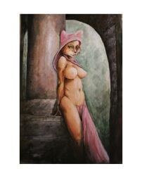 against_wall anthro come_hither disney furry large_breasts maid_marian normalt oil_painting orange_fur partially_clothed robin_hood_(disney) skirt skirt_around_one_leg traditional_media_(artwork) tummy