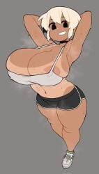 armpits arms_up belly_button big_breasts bike_shorts breast_bulge bulging_breasts choker chubby chubby_female crop_top female gray_background grey_background huge_breasts massive_breasts mctamagomaki midriff mob_face musk_clouds nipple_slip no_bra shoes short_hair shorts shortstack smile smiling smiling_at_viewer sneakers sportswear sporty steam steaming_body sweat sweatdrop tagme tan_body tank_top tanline tanned tanned_skin thick_thighs tomboy white_shoes