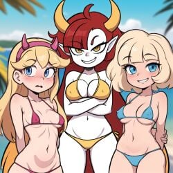 1:1 3girls ai_generated artist_request beach bikini blush disney disney_xd hekapoo highres horns jackie_lynn_thomas looking_at_viewer nude nude_female outdoors outside star_butterfly star_vs_the_forces_of_evil tagme