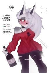 amadeen clothed female female_focus female_only furry grey_body grey_hair helluva_boss loona_(helluva_boss) red_clothes red_eyes strip_game talking_to_viewer white_skin