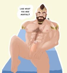 1boy atreus_(league_of_legends) beard cum_drop erect_penis erection golden_eyes hair hairy_abs hairy_chest hairy_male happy_trail league_of_legends league_of_legends:_wild_rift long_beard looking_at_viewer male male_focus male_only muscular muscular_male nipples pantheon penis scar scar_on_chest solo_male tattoo_on_arm tattoo_on_face tattoos warrior