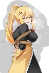 :d ^_^ arms_behind_back aroused blonde_hair blush bondage bondage bound breasts closed_eyes commentary_request cowboy_shot darkness_(konosuba) female from_side grey_background hair_between_eyes hair_ornament heavy_breathing highres kono_subarashii_sekai_ni_shukufuku_wo! large_breasts long_hair mame1645 open_mouth ponytail simple_background sketch smile solo standing sweat very_long_hair visible_air x_hair_ornament