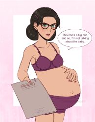 1girls belly big_belly black_hair bra dialogue female glasses hand_on_belly maternity_underwear miss_pauling misscherrylle outie_navel panties pregnant solo team_fortress_2 text underwear