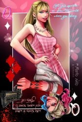 2d 2d_(artwork) 2girls barbara_millicent_roberts barbie_(2023) barbie_(franchise) barbie_(margot_robbie) barbie_(picnic_dress) blonde_hair blue_eyes card celebrity choker crossover dc dc_comics dc_extended_universe english english_text female female_only gun harley_quinn margot_robbie marikoneko marikoneko0 revolver